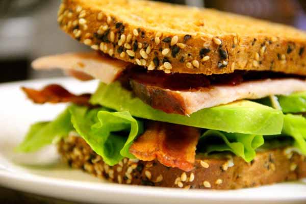 Turkey, bacon, lettuce, homemade mayo and avocado sandwich.