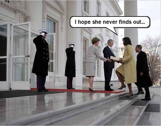 Edited Michelle Obama meets Bush with present