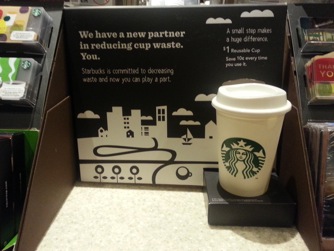 Starbucks recyclable $1 plastic cup marketing in-store