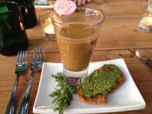 First course: Heirloom tomato gazpacho with carrot top and fennel frond pesto on French bread crostini with pickled kale stems (Image: Bill Gordon)(Image: Bill Gordon)