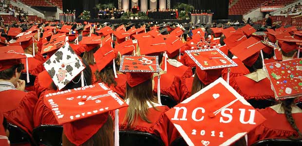 An endless sea of graduation caps and gowns are single-use items.