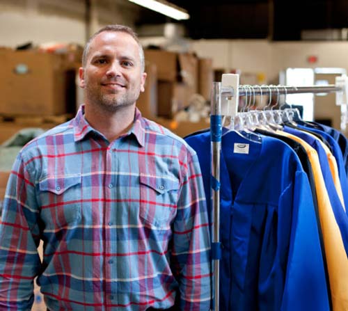 Seth Yon, founder of Greener Grads, helps grads reuse their graduation gowns, instead of trashing them in landfills.