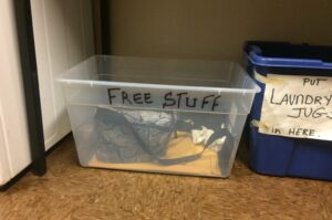 Free Stuff box in the laundry room of Jacquie Ottman's NYC apartment building.