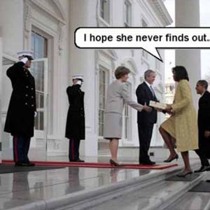 Edited Michelle Obama meets Bush with present