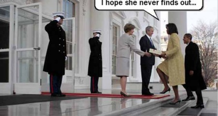 Edited Michelle Obama meets Bush with present