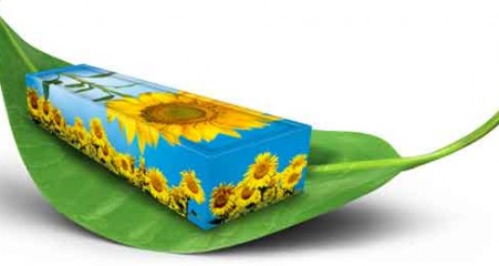 Green sunflower casket on leaf for Green Burial