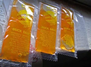 Wasteful single serving individual duck sauce packs